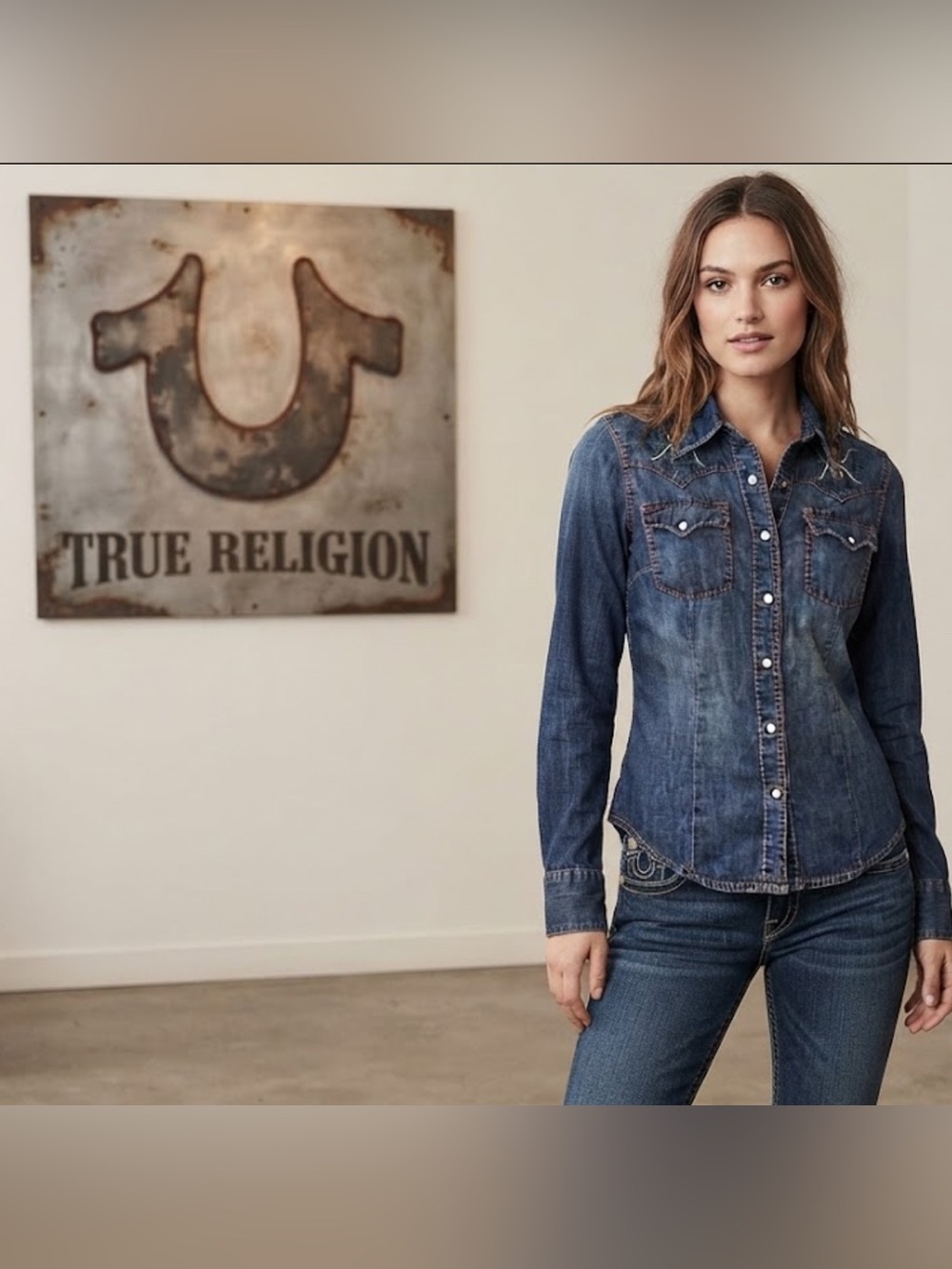 Rare authentic True Religion designer denim jeans western button down shirt XS